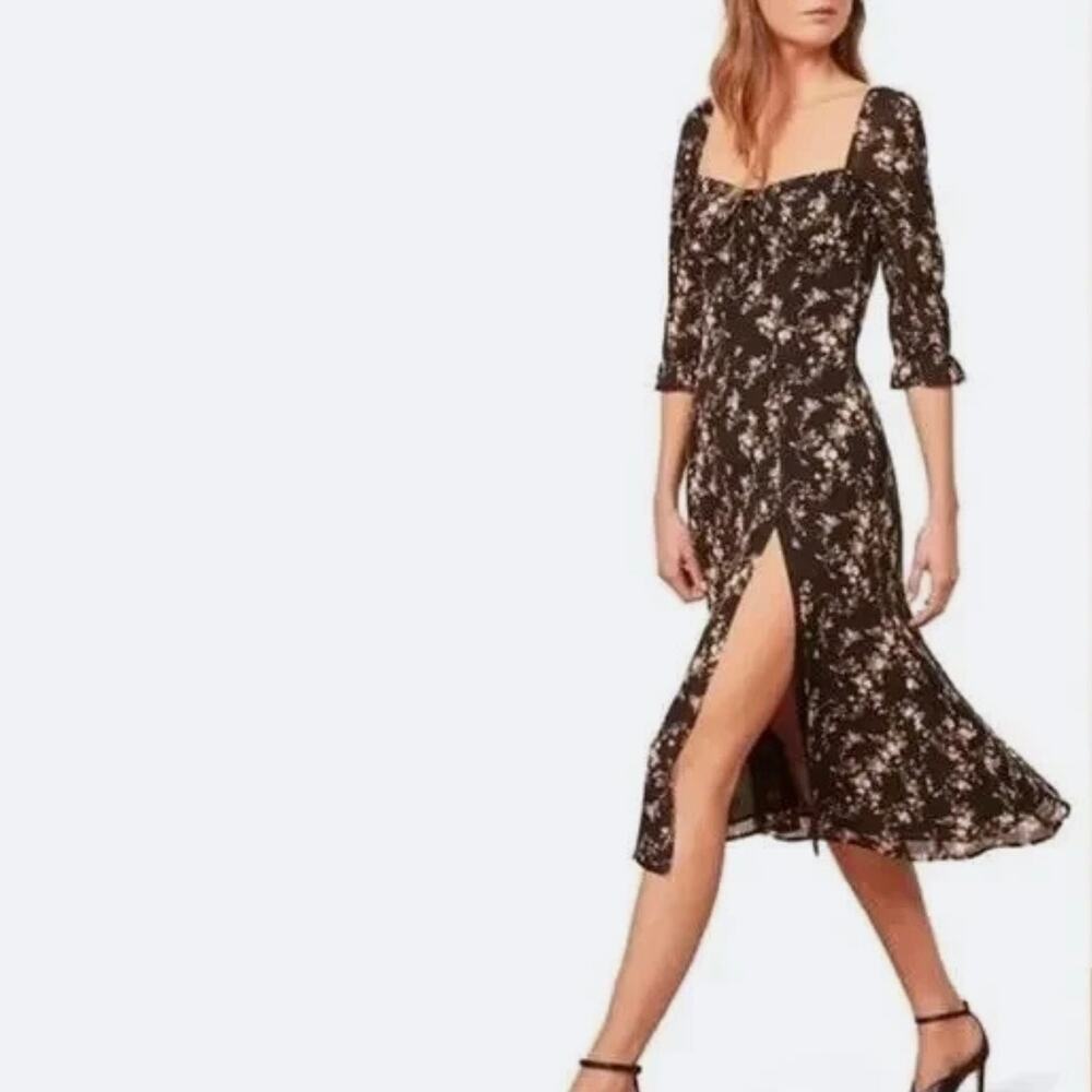 Reformation Clarissa Black Floral Midi Dress – Slit Crepe – Size M (US 6) - Picture 3 of 7